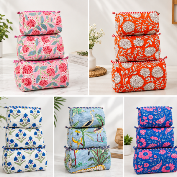 uilted Toiletry Bag Set of 3 – Cotton Travel, Makeup & Cosmetic Pouches