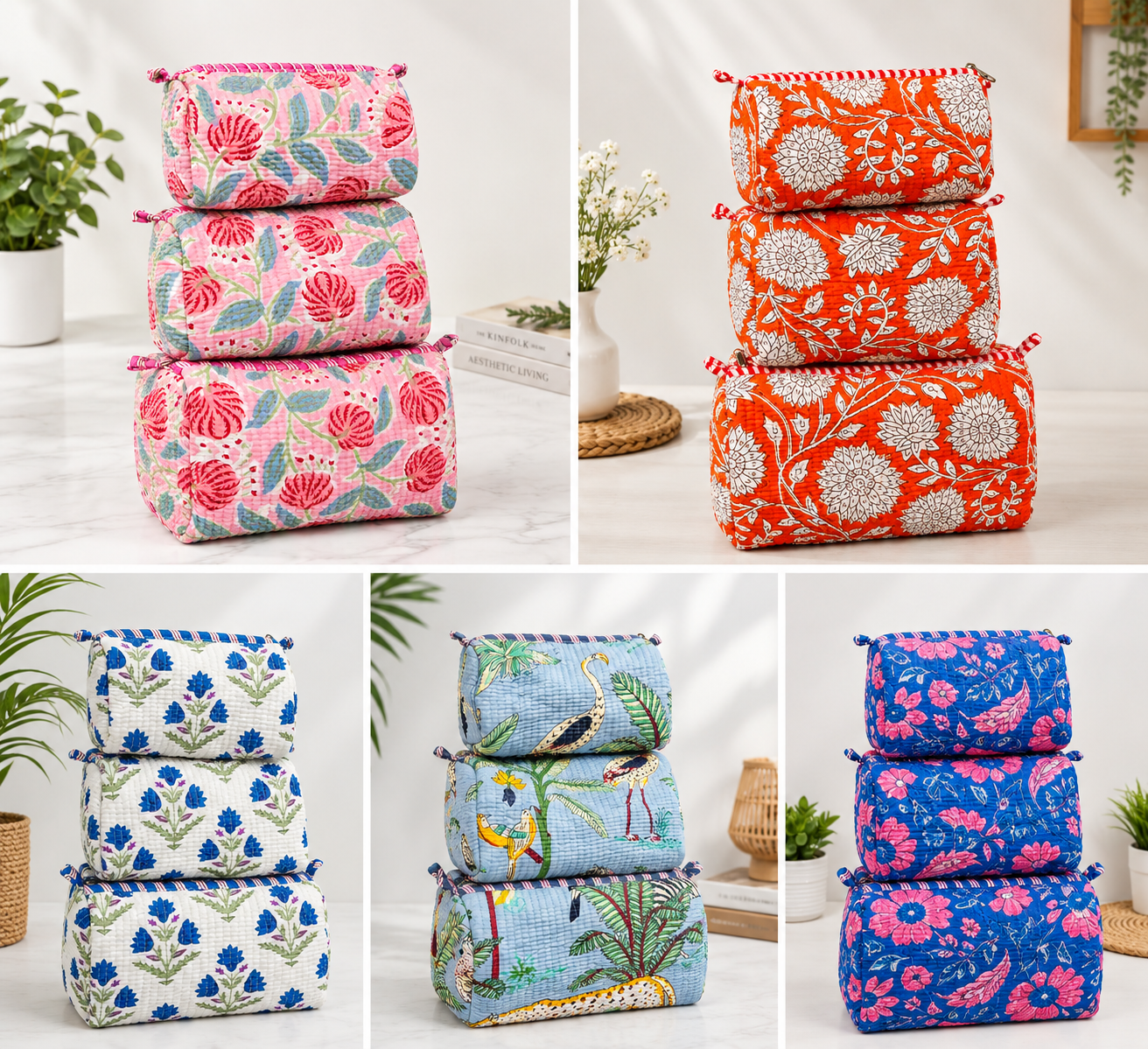 quilted Toiletry Bag Set of 3 – Cotton Travel, Makeup & Cosmetic Pouches in jaipur