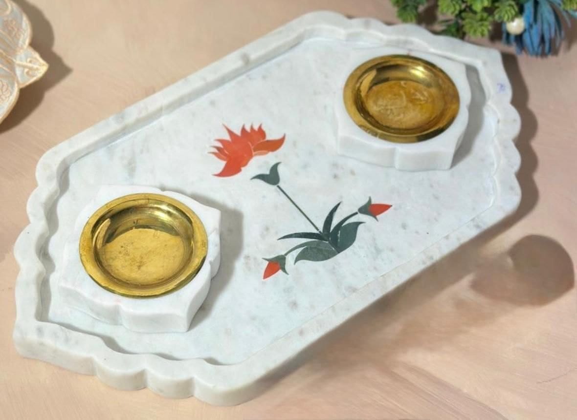 handprinted Marble Diya with tray for Diwali & Pooja